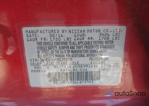 2016 Nissan Versa 1.6 Sv z USA, uszkodzony, nr VIN 3N1CN7AP3GL873955